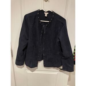 Chico’s navy long sleeve snap suede top/coat size 1 medium